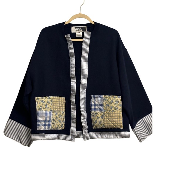 House of Gabrielle Sweaters - Vintage House of Gabrielle Patchwork Haori Jacket - Navy & Mixed Prints Size L